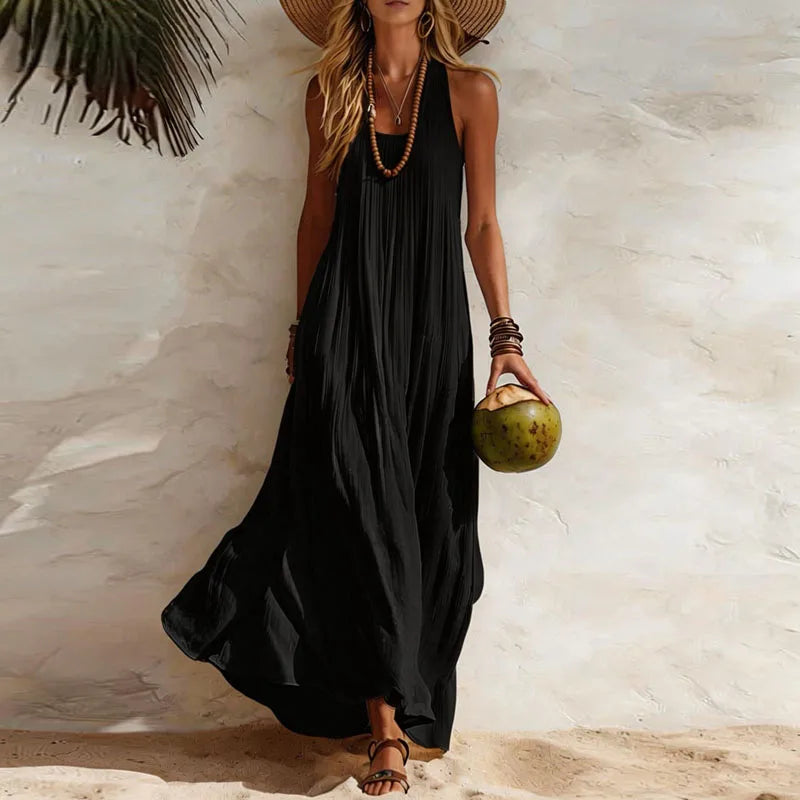 Women’s Boho U-Neck Sleeveless Maxi Dress – Elegant Loose Flowy Beach Sundress Cover-Up