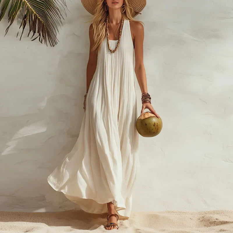 Women’s Boho U-Neck Sleeveless Maxi Dress – Elegant Loose Flowy Beach Sundress Cover-Up