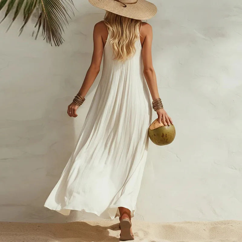 Women’s Boho U-Neck Sleeveless Maxi Dress – Elegant Loose Flowy Beach Sundress Cover-Up