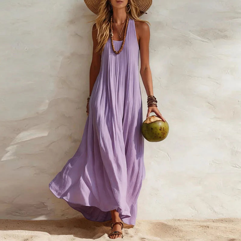 Women’s Boho U-Neck Sleeveless Maxi Dress – Elegant Loose Flowy Beach Sundress Cover-Up
