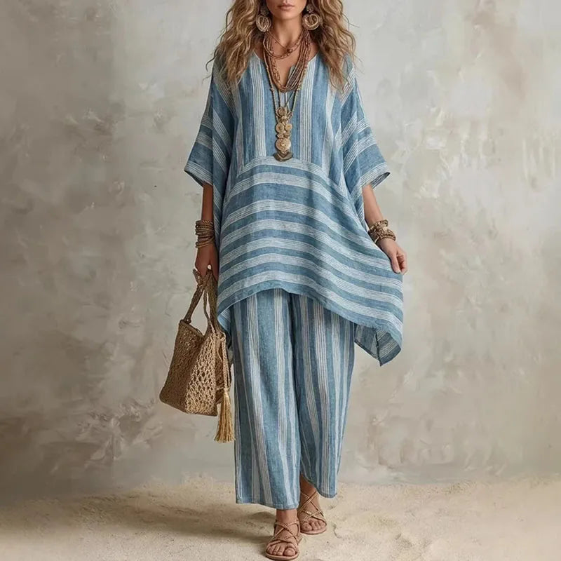 Women’s Boho Vintage Striped 2-Piece Set – V-Neck Half Sleeve Top & Wide Leg Pants Summer Beach Vacation Outfit