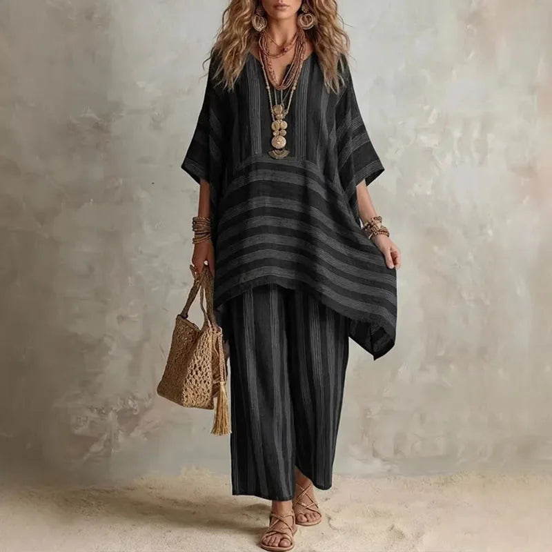 Women’s Boho Vintage Striped 2-Piece Set – V-Neck Half Sleeve Top & Wide Leg Pants Summer Beach Vacation Outfit
