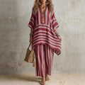 Women’s Boho Vintage Striped 2-Piece Set – V-Neck Half Sleeve Top & Wide Leg Pants Summer Beach Vacation Outfit