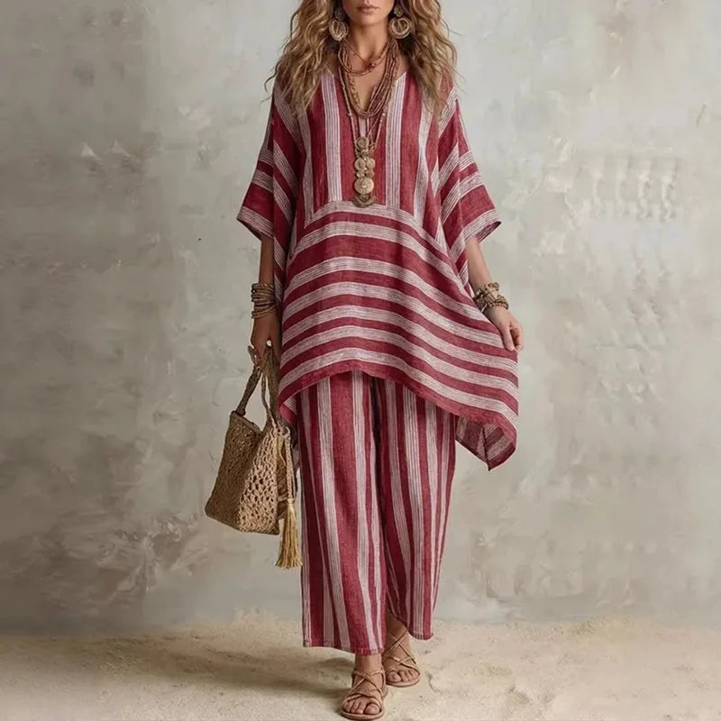 Women’s Boho Vintage Striped 2-Piece Set – V-Neck Half Sleeve Top & Wide Leg Pants Summer Beach Vacation Outfit