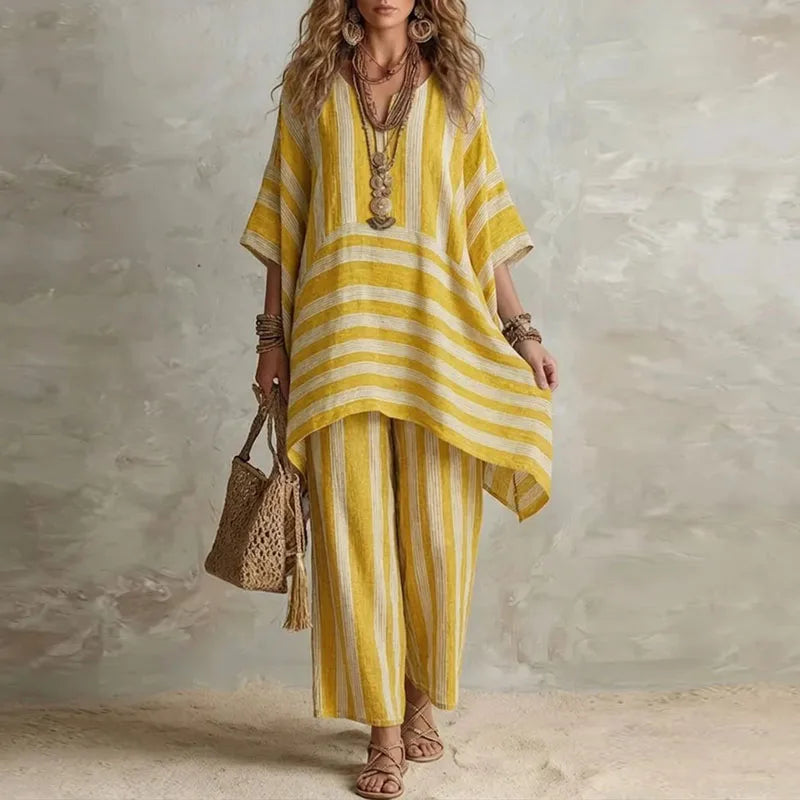 Women’s Boho Vintage Striped 2-Piece Set – V-Neck Half Sleeve Top & Wide Leg Pants Summer Beach Vacation Outfit