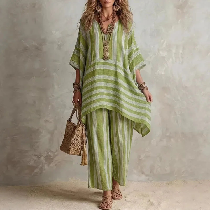 Women’s Boho Vintage Striped 2-Piece Set – V-Neck Half Sleeve Top & Wide Leg Pants Summer Beach Vacation Outfit