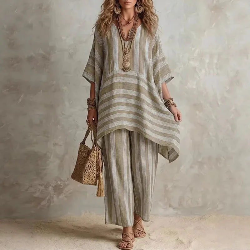 Women’s Boho Vintage Striped 2-Piece Set – V-Neck Half Sleeve Top & Wide Leg Pants Summer Beach Vacation Outfit