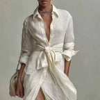 Women’s Boho White Linen Wrap Shirt Dress – Long Sleeve Belted High Waist Maxi Dress with Split Hem