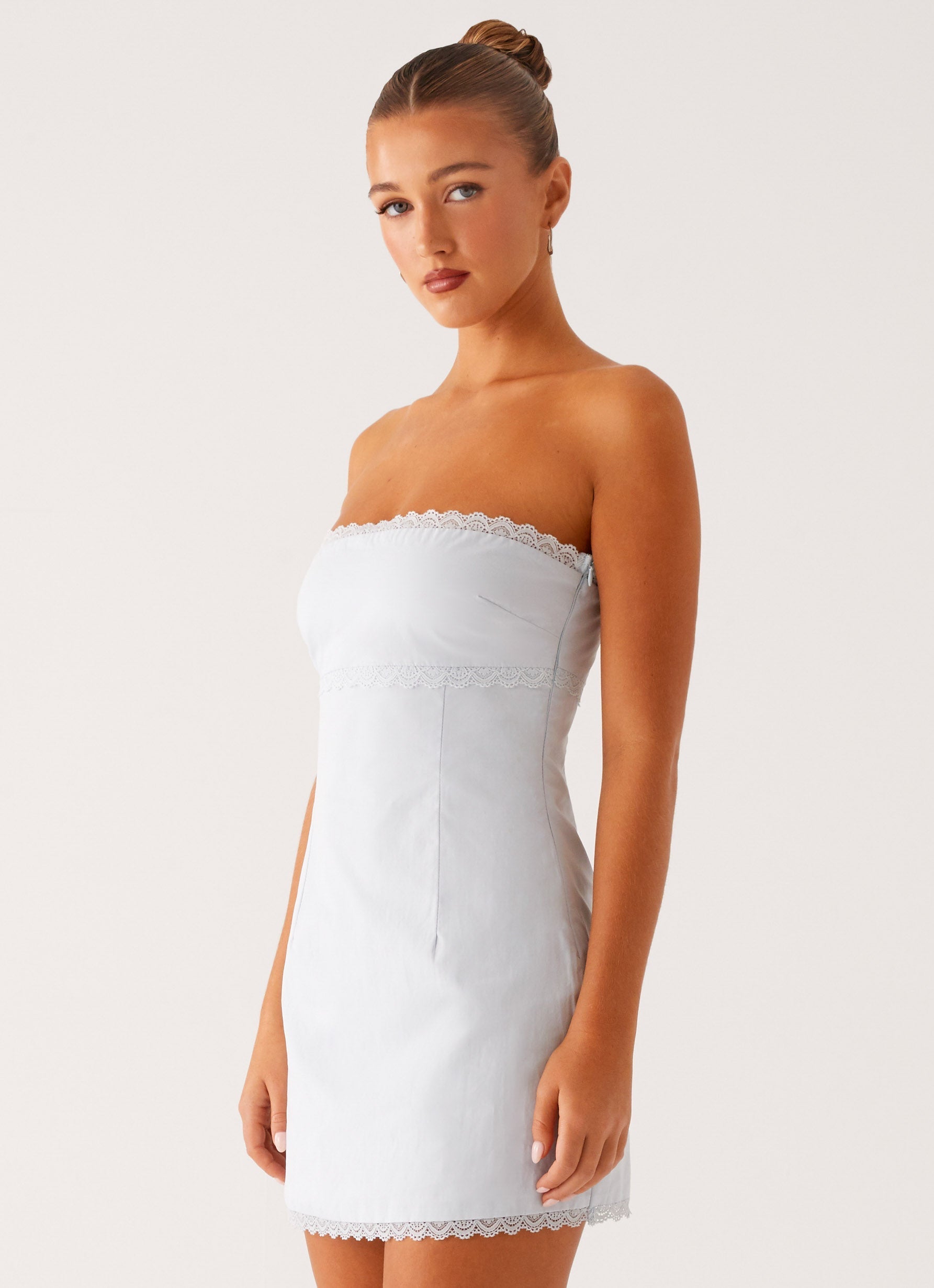 Cala Collection | Strapless Mini Dress with Lace Trim | Elegant Style for Effortless Charm - Women's