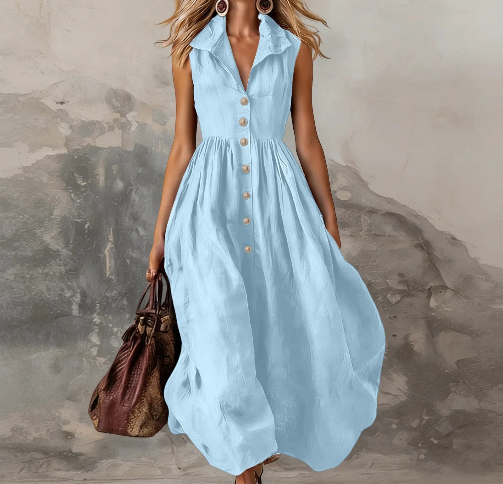 Women’s Elegant Sleeveless Lapel Button Pleated Maxi Dress – High Waist White Tank Dress for Summer Spring 2026