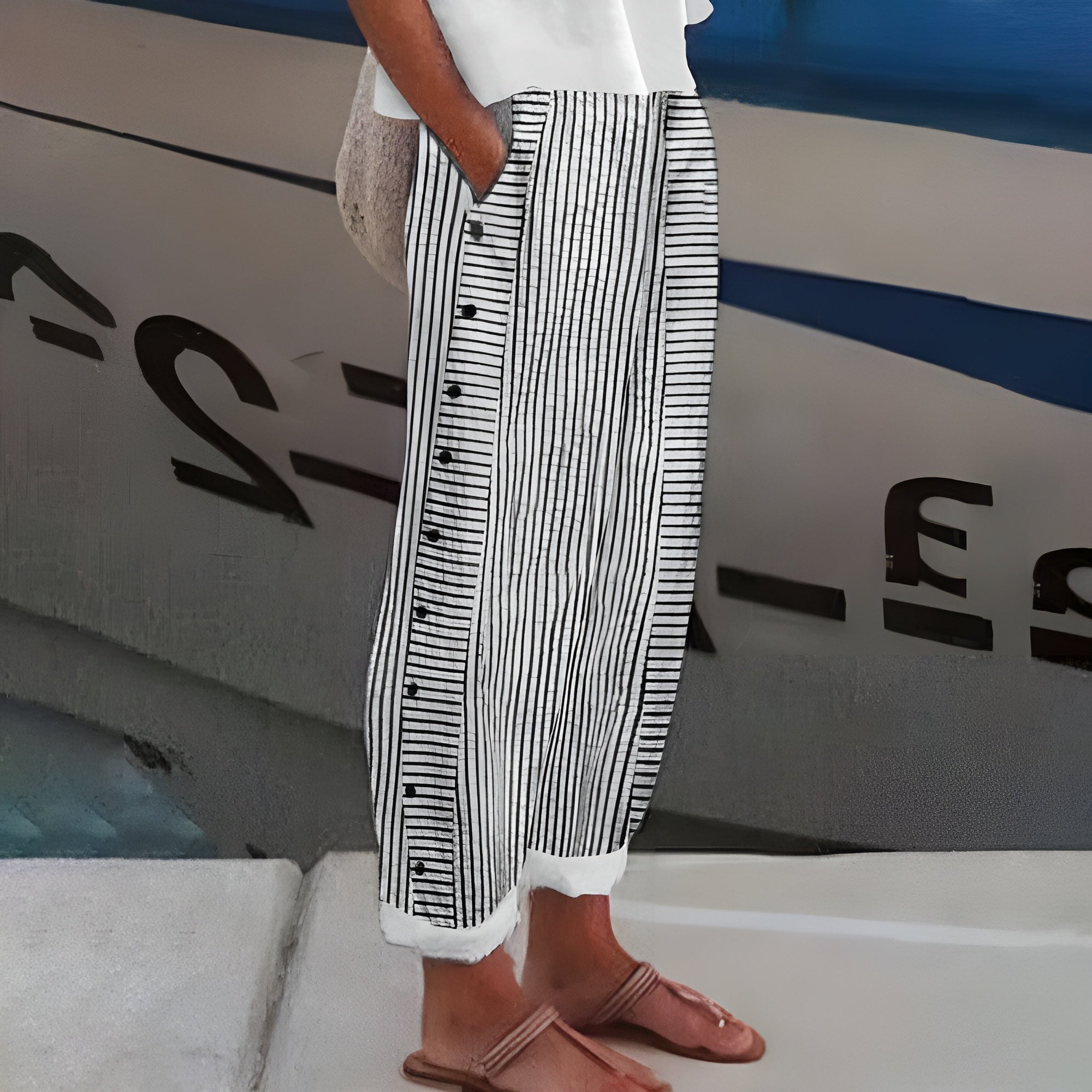 Striped Tapered Ankle Trousers with Side Pockets
