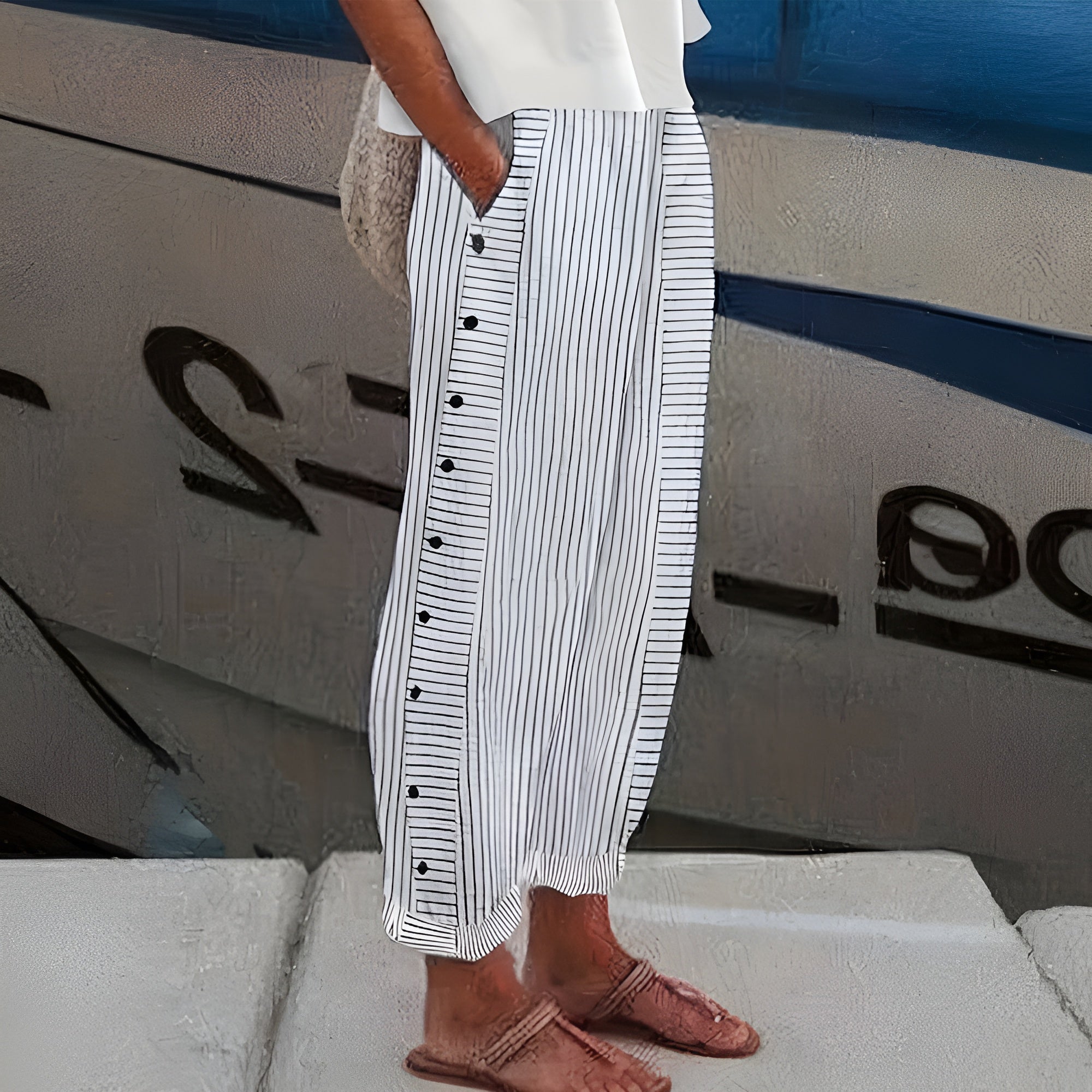Striped Tapered Ankle Trousers with Side Pockets