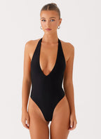 Delia Collection | Black One Piece Swimsuit with Low V-Neckline | Elegant Backless Design for Chic Poolside Style