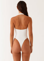 Delia Collection | White One Piece Swimsuit with Low V Neckline | Flattering Fit for Beach Days