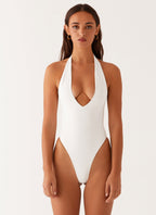 Delia Collection | White One Piece Swimsuit with Low V Neckline | Flattering Fit for Beach Days
