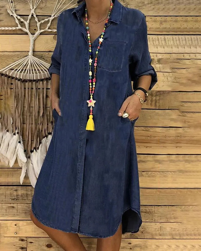 Denim Shirt Dress with Pockets, Button Front