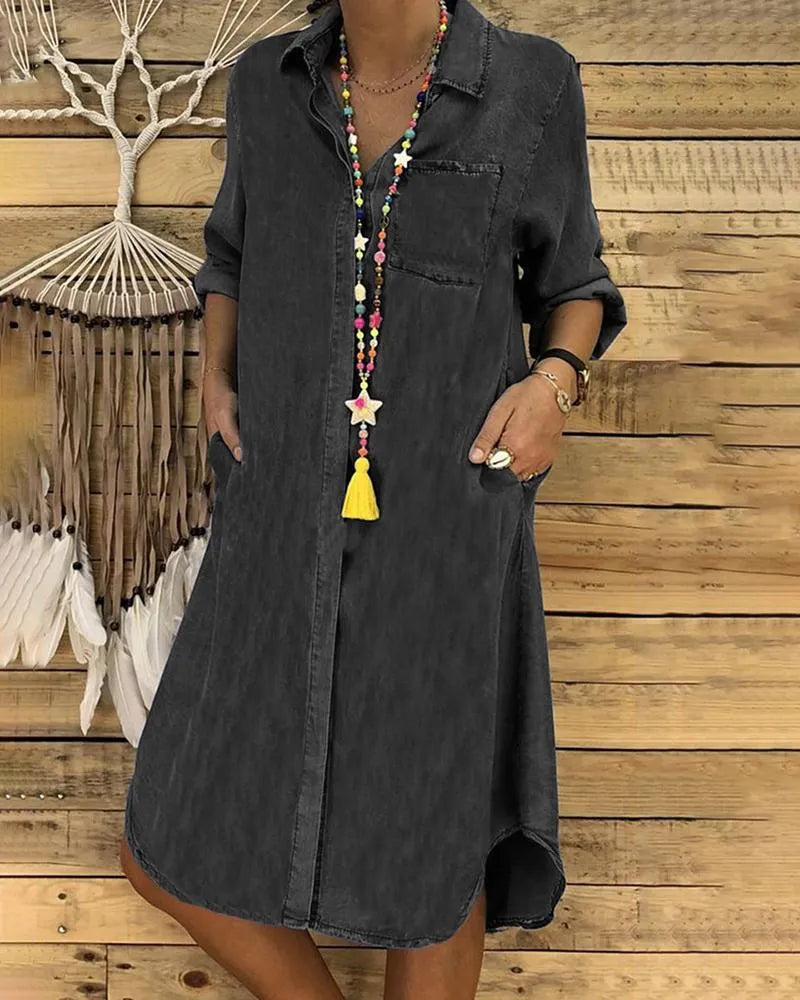 Denim Shirt Dress with Pockets, Button Front