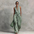 Women’s Linen Backless Jumpsuit – Lace-Up Casual Summer Romper, Loose Fit Breathable Vacation & Beach Outfit