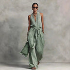 Women’s Linen Backless Jumpsuit – Lace-Up Casual Summer Romper, Loose Fit Breathable Vacation & Beach Outfit