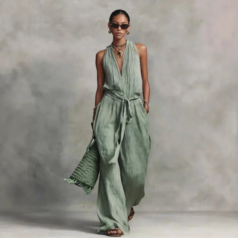 Women’s Linen Backless Jumpsuit – Lace-Up Casual Summer Romper, Loose Fit Breathable Vacation & Beach Outfit