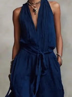 Women’s Linen Backless Jumpsuit – Lace-Up Casual Summer Romper, Loose Fit Breathable Vacation & Beach Outfit