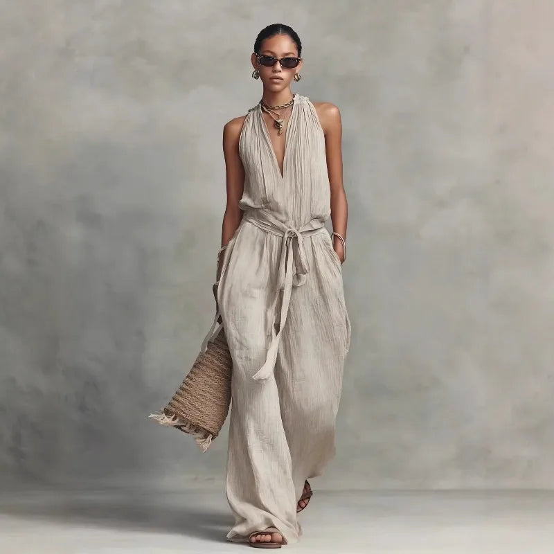 Women’s Linen Backless Jumpsuit – Lace-Up Casual Summer Romper, Loose Fit Breathable Vacation & Beach Outfit