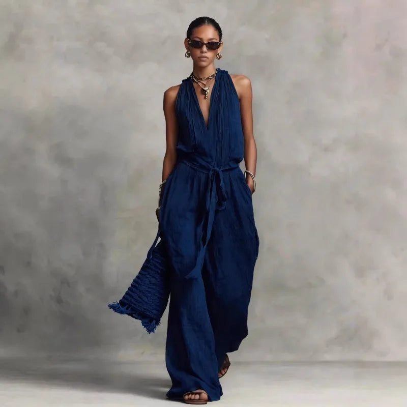 Women’s Linen Backless Jumpsuit – Lace-Up Casual Summer Romper, Loose Fit Breathable Vacation & Beach Outfit