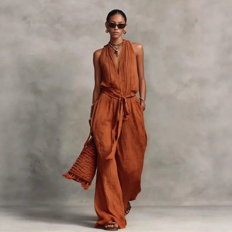 Women’s Linen Backless Jumpsuit – Lace-Up Casual Summer Romper, Loose Fit Breathable Vacation & Beach Outfit