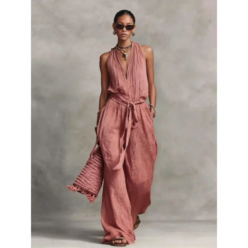 Women’s Linen Backless Jumpsuit – Lace-Up Casual Summer Romper, Loose Fit Breathable Vacation & Beach Outfit