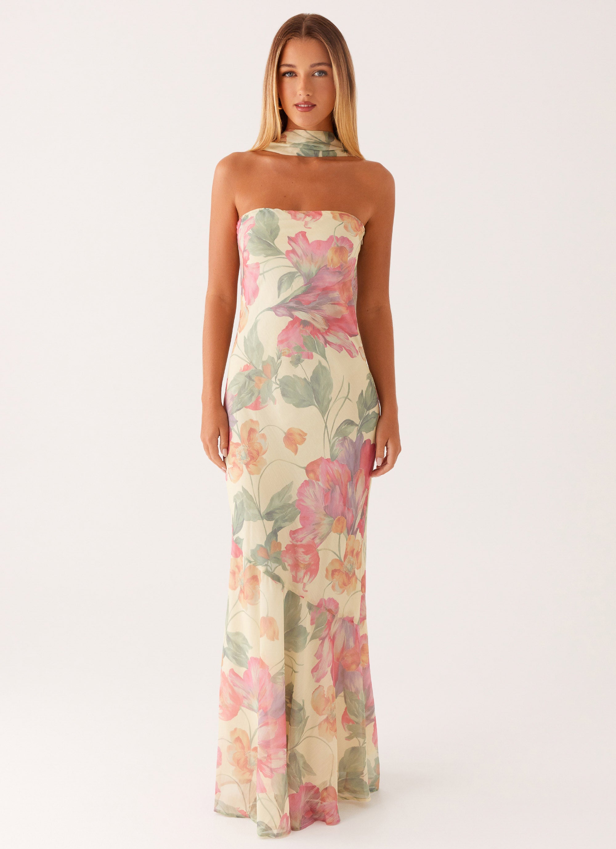 Elegant Maxi Dress | Strapless Floral Design with Matching Scarf | Perfect for Evening Events - Women's