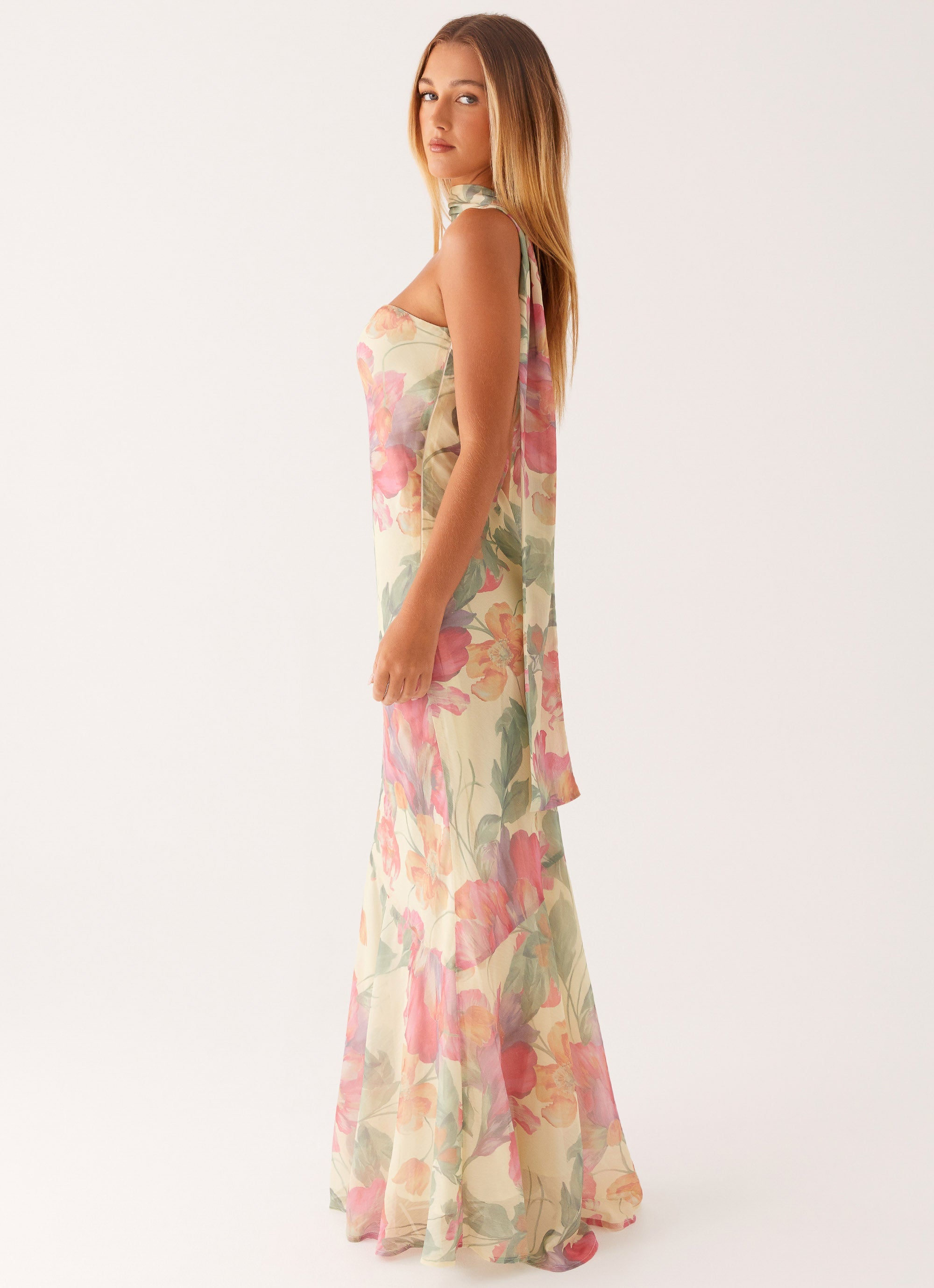 Elegant Maxi Dress | Strapless Floral Design with Matching Scarf | Perfect for Evening Events - Women's