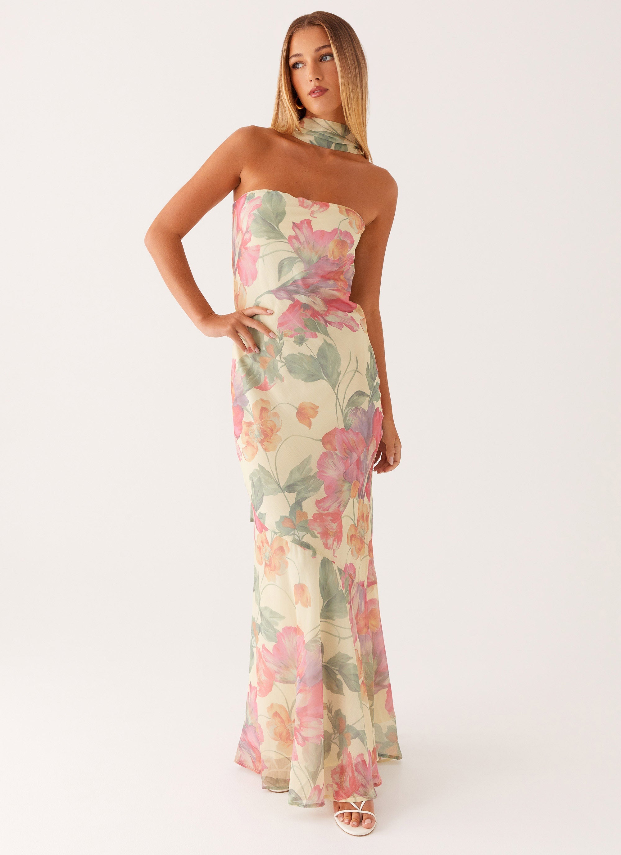 Elegant Maxi Dress | Strapless Floral Design with Matching Scarf | Perfect for Evening Events - Women's