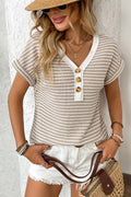 Women’s Casual V Neck Stripe Blouse – Short Sleeve Loose Fit Summer Top Lightweight Polyester Everyday Chic Work Casual Shirt