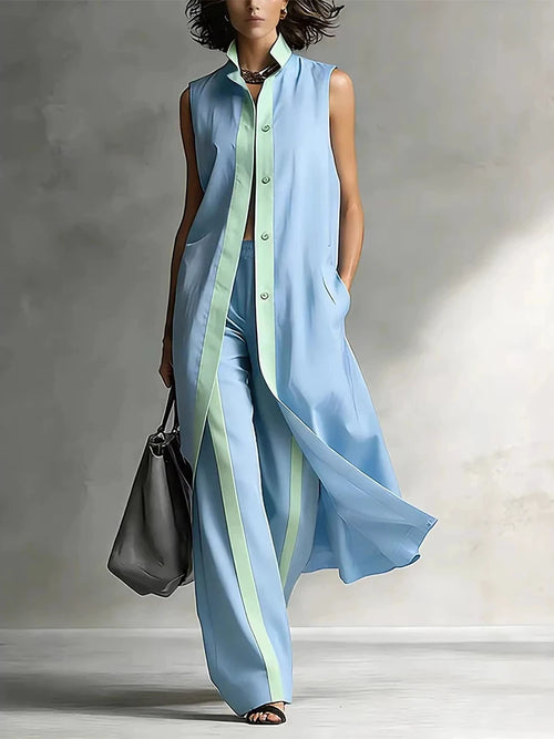 Contrast Color Sleeveless Two Piece Set with Wide Leg Pants