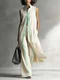 Women’s Contrast Color Lapel Sleeveless Two-Piece Set – Casual Loose Fit Button Top & Wide Leg Pants Summer Holiday Outfit