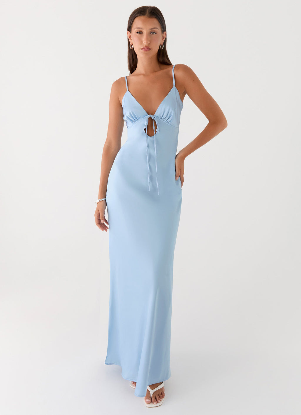 Flora Collection | Satin Maxi Dress with V Neckline & Tie Detail | Elegant Long Dress for Special Occasions - Women's