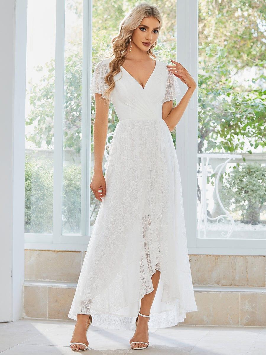 Lace V Neck Pleated Formal Maxi Evening Gown