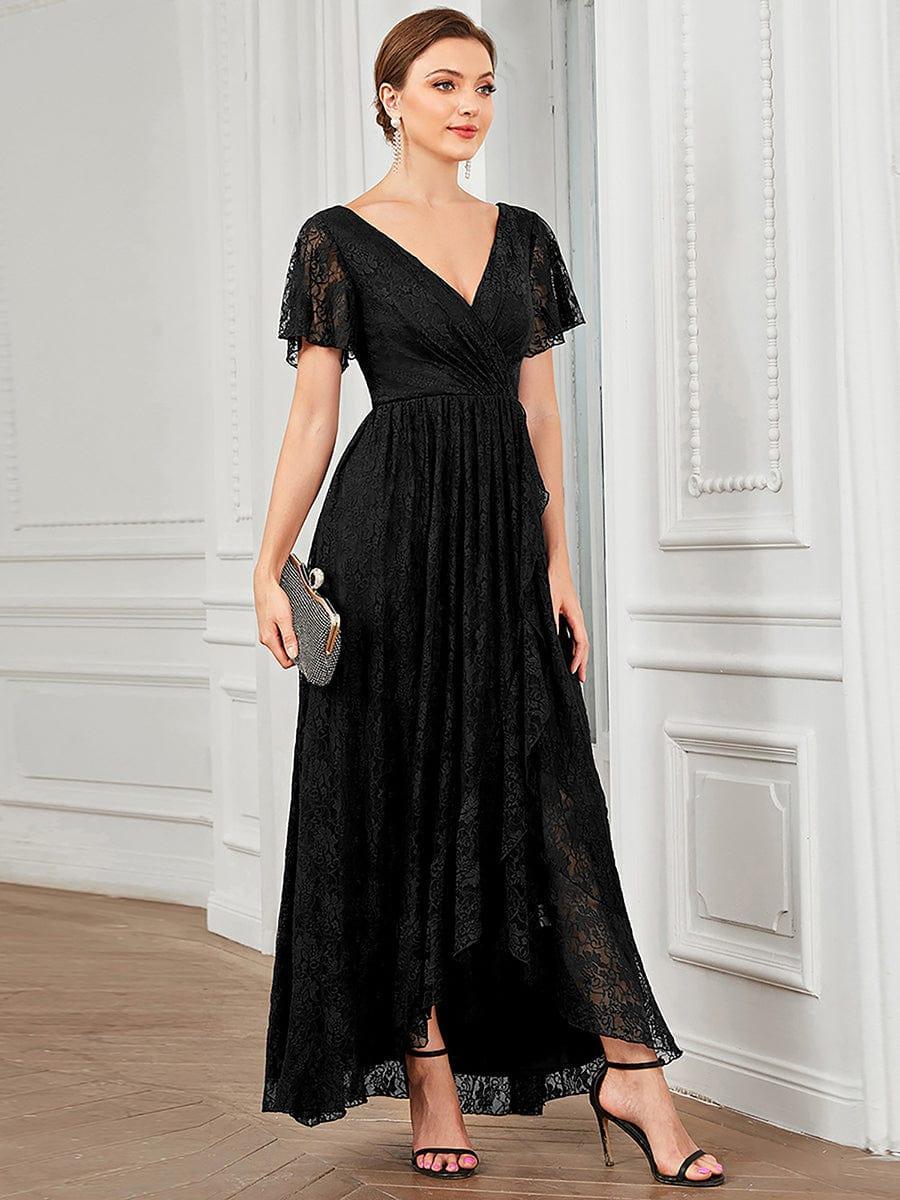 Lace V Neck Pleated Formal Maxi Evening Gown