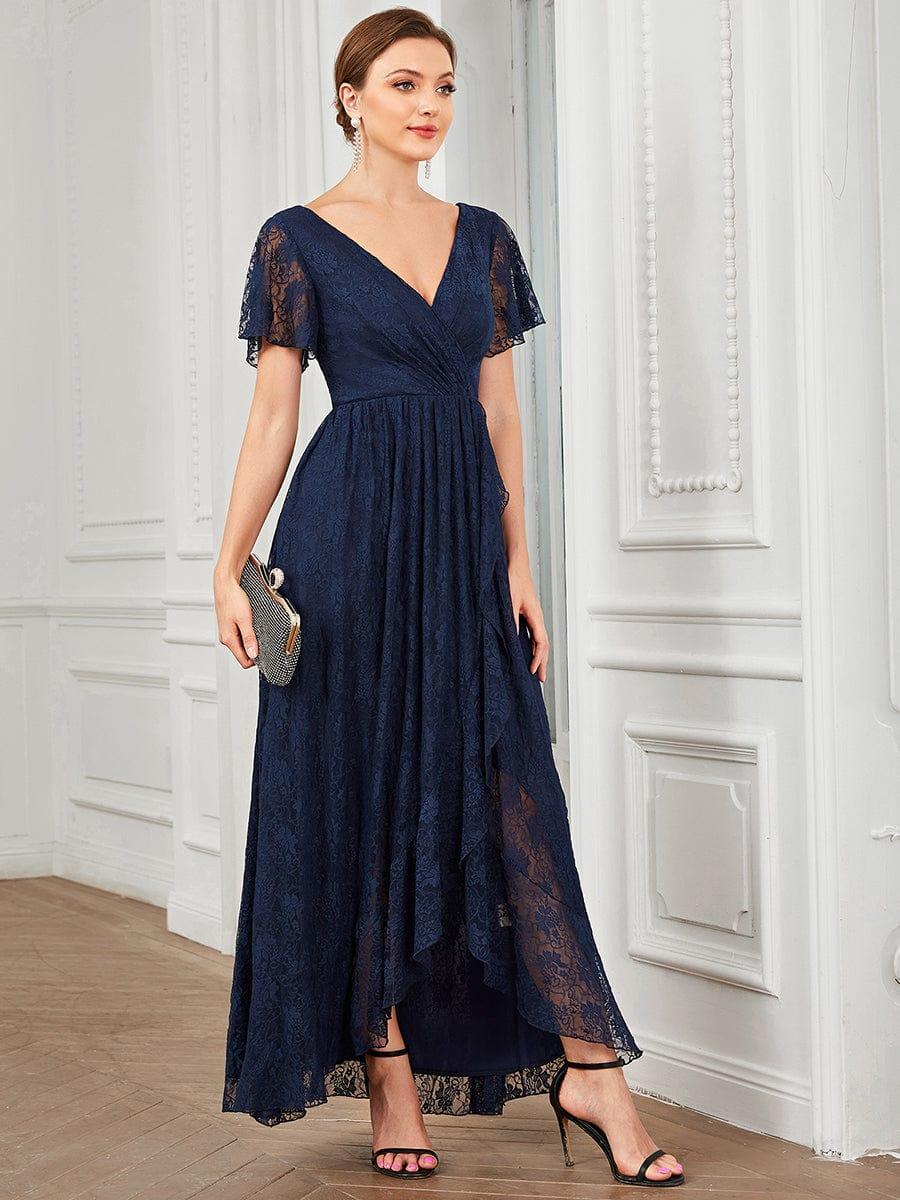 Lace V Neck Pleated Formal Maxi Evening Gown