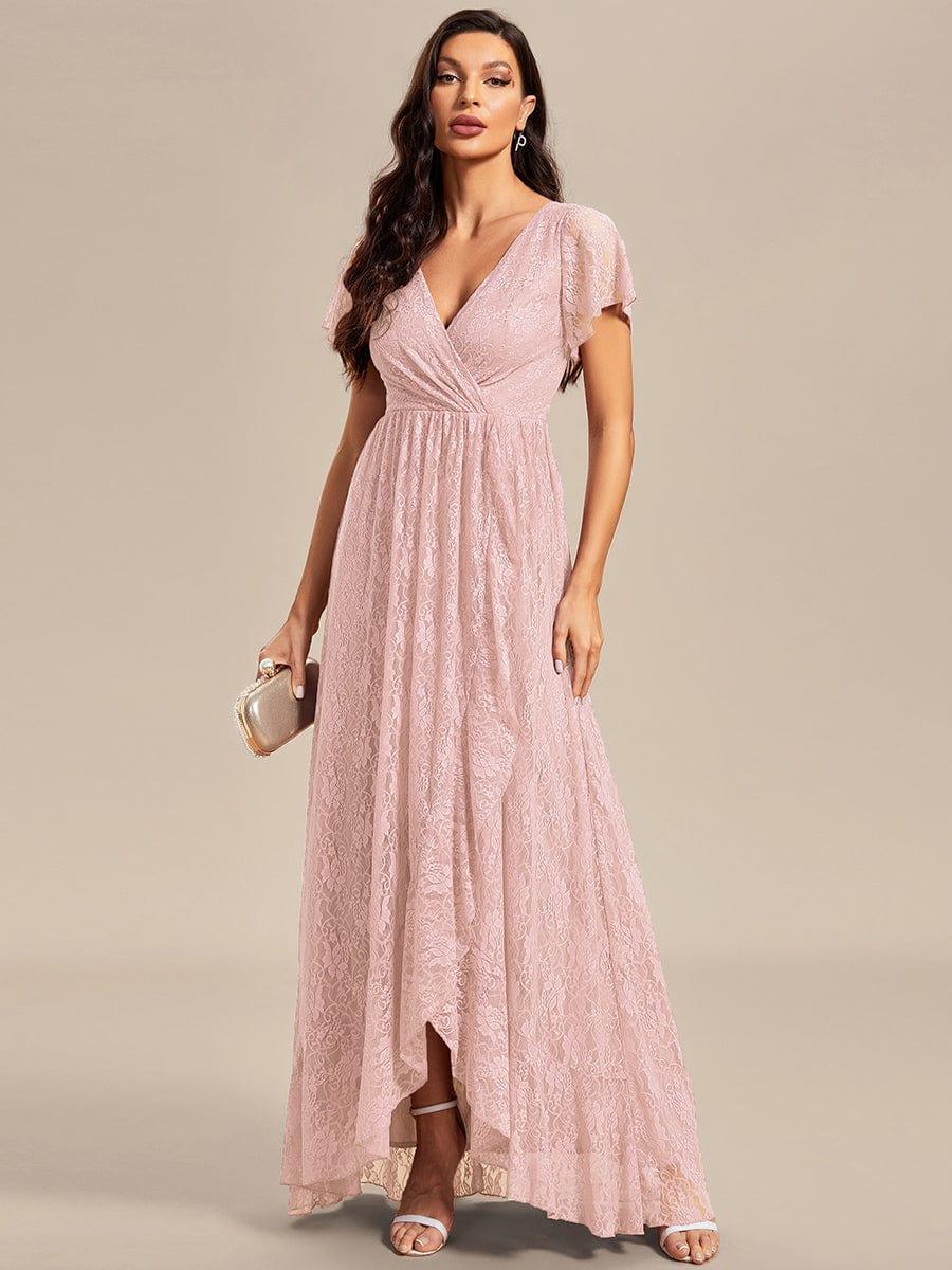 Lace V Neck Pleated Formal Maxi Evening Gown