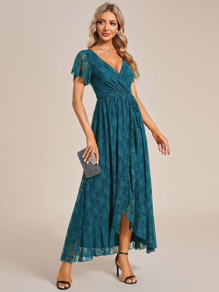 Lace V Neck Pleated Formal Maxi Evening Gown