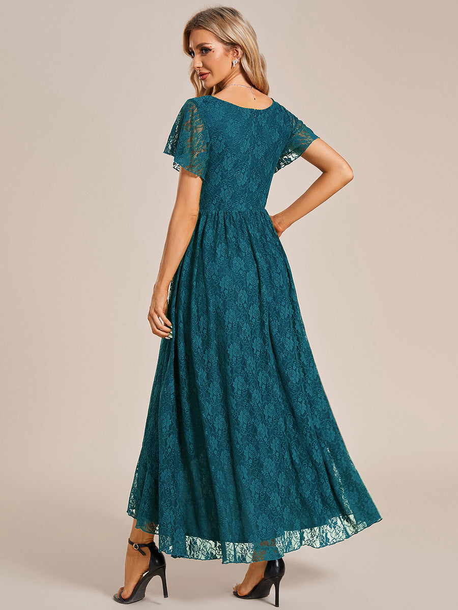 Lace V Neck Pleated Formal Maxi Evening Gown