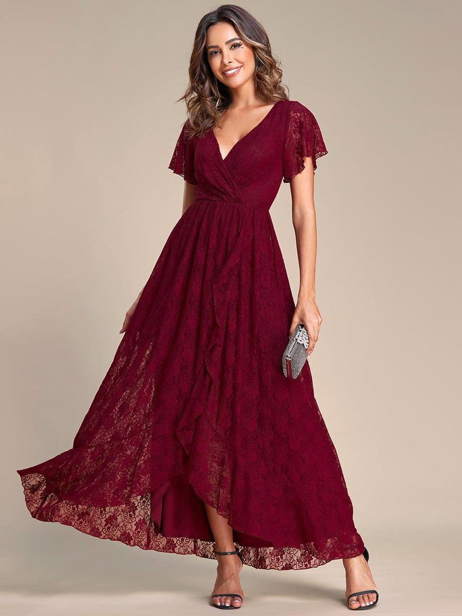 Lace V Neck Pleated Formal Maxi Evening Gown