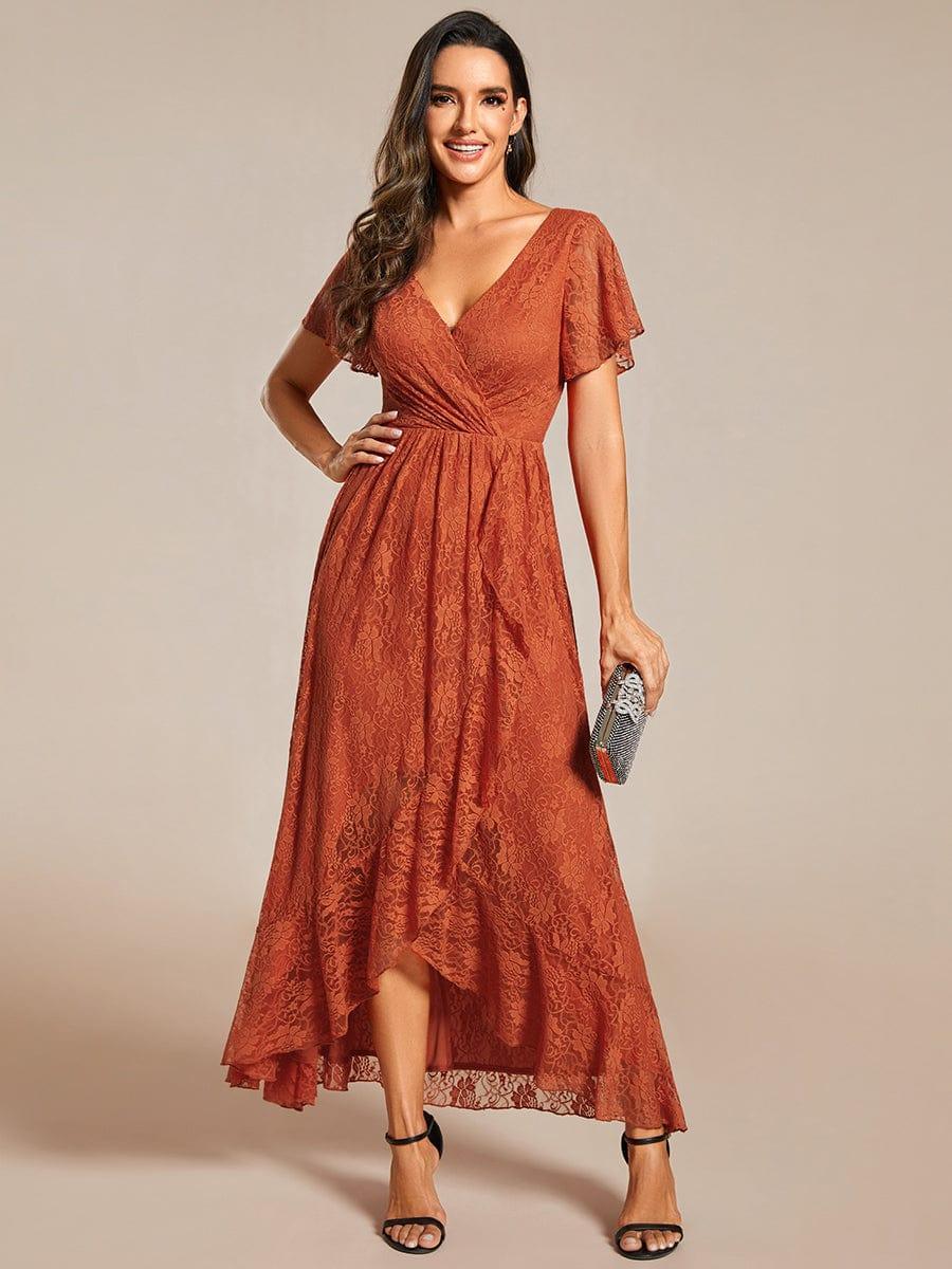 Lace V Neck Pleated Formal Maxi Evening Gown