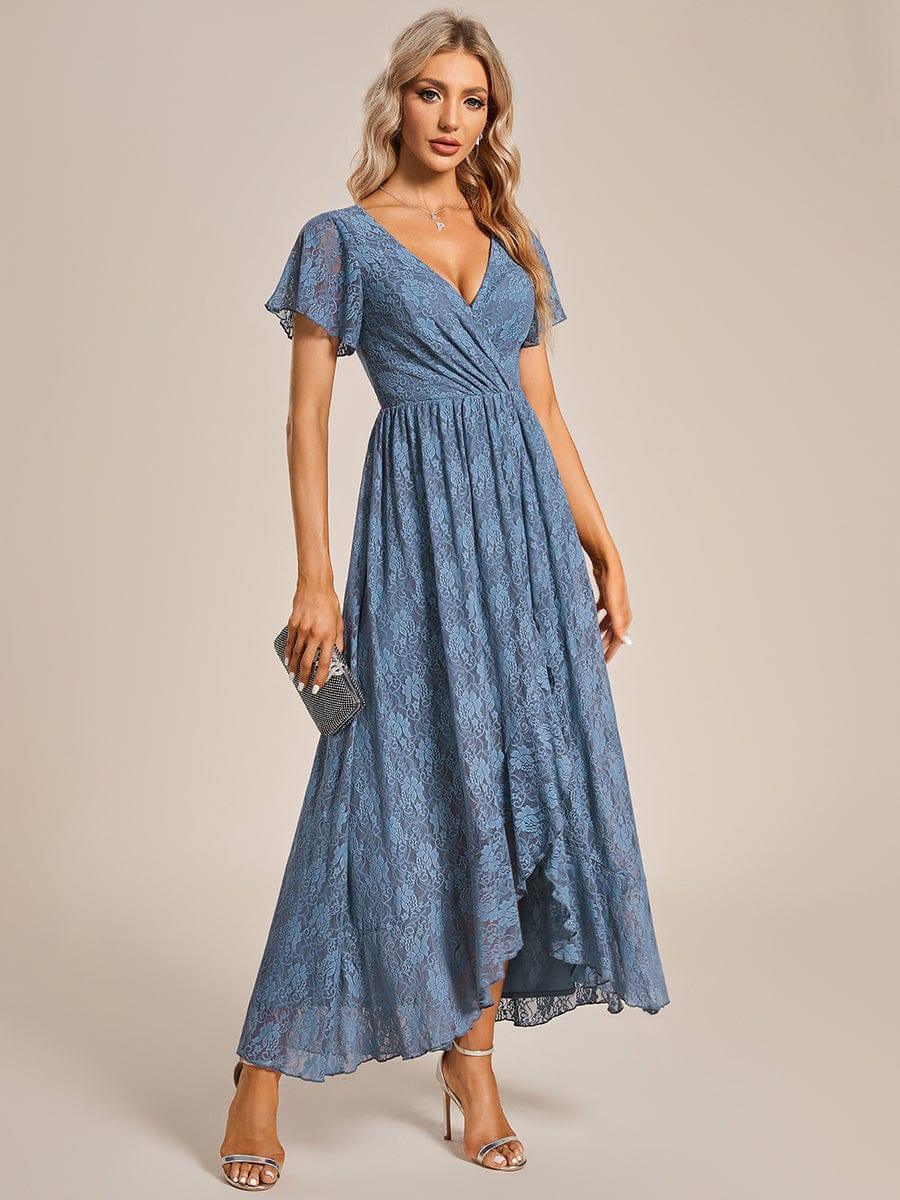 Lace V Neck Pleated Formal Maxi Evening Gown