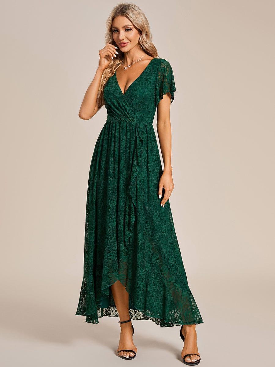 Lace V Neck Pleated Formal Maxi Evening Gown