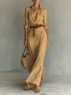 Women’s Lapel Belted Maxi Shirt Dress – Cotton Tencel Long Sleeve Elegant Office Dress