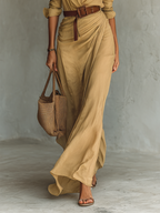 Women’s Lapel Belted Maxi Shirt Dress – Cotton Tencel Long Sleeve Elegant Office Dress