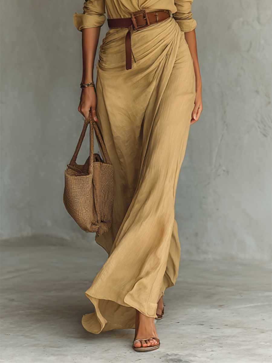 Women’s Lapel Belted Maxi Shirt Dress – Cotton Tencel Long Sleeve Elegant Office Dress