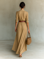 Women’s Lapel Belted Maxi Shirt Dress – Cotton Tencel Long Sleeve Elegant Office Dress
